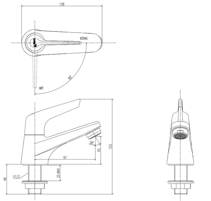 bản vẽ kích thước vòi chậu lạnh lfv-17