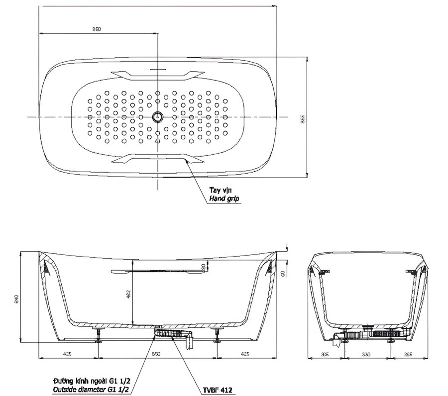 Bản vẽ kích thước Bồn Tắm đặt sàn TOTO PJY1734HPWEN#MW/TVBF412 có tay vịn