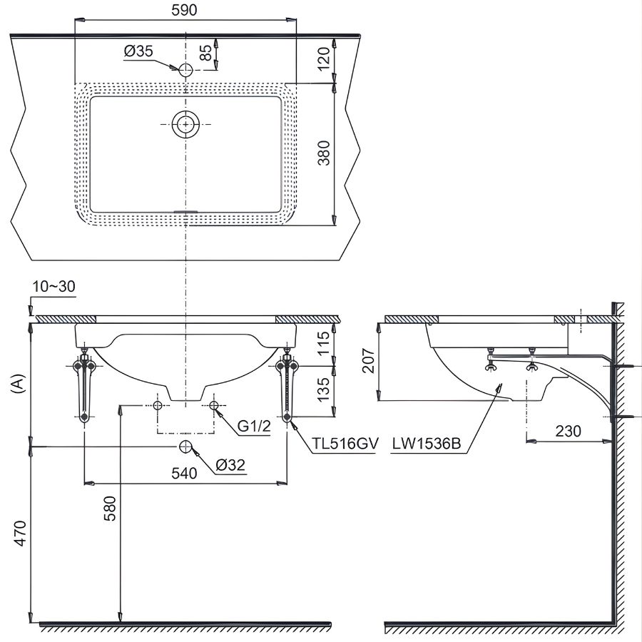bản vẽ kỹ thuật chậu rửa âm bàn toto lw1536v