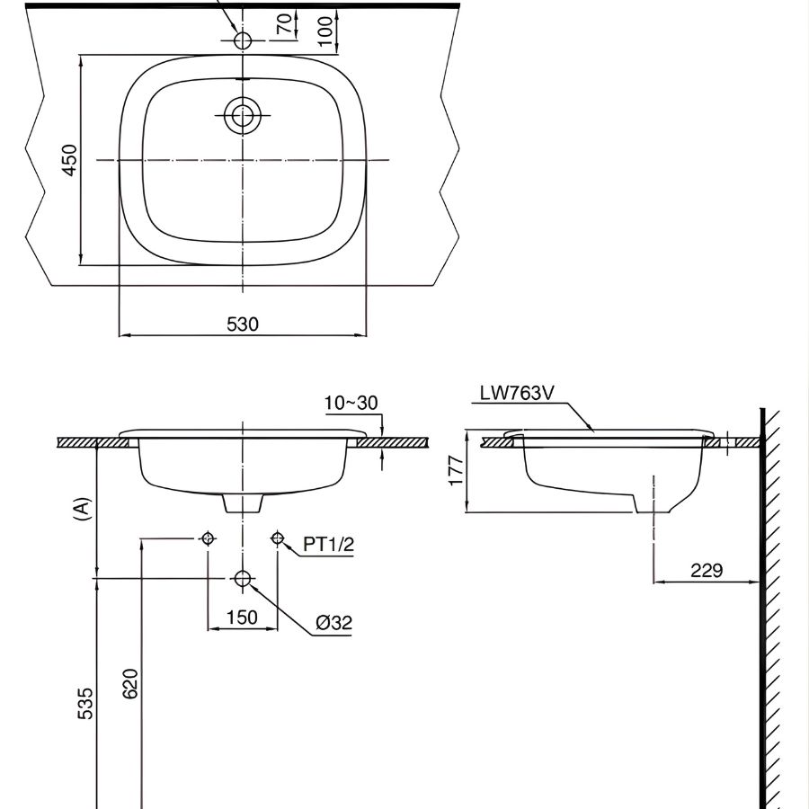 bản vẽ kỹ thuật chậu bán âm bàn toto l763