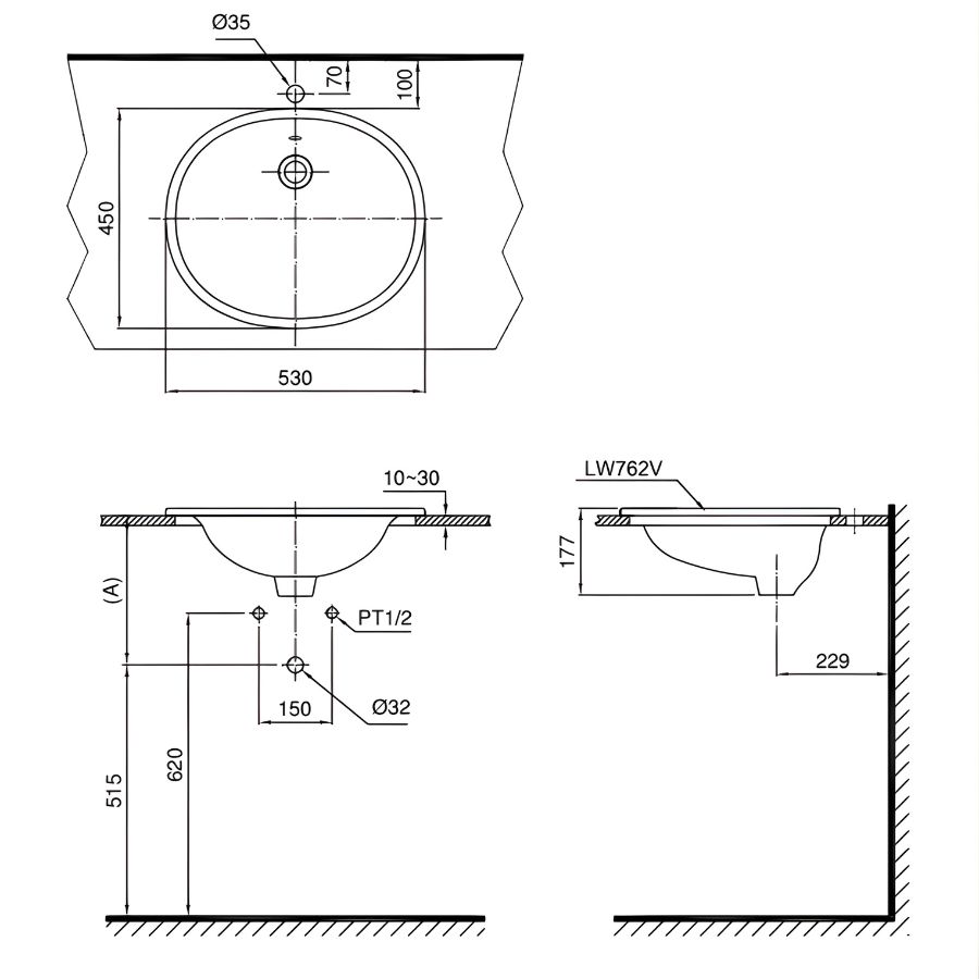 bản vẽ kỹ thuật chậu bán âm bàn toto l762