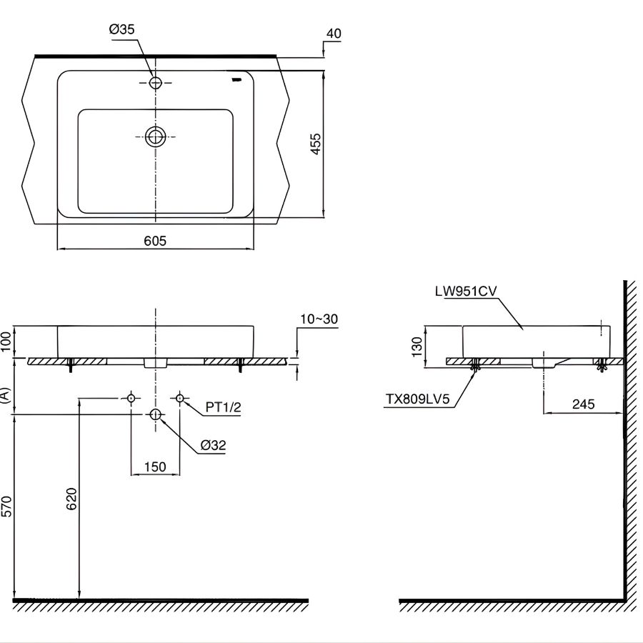 bản vẽ kích thước chậu đặt bàn toto lt951c