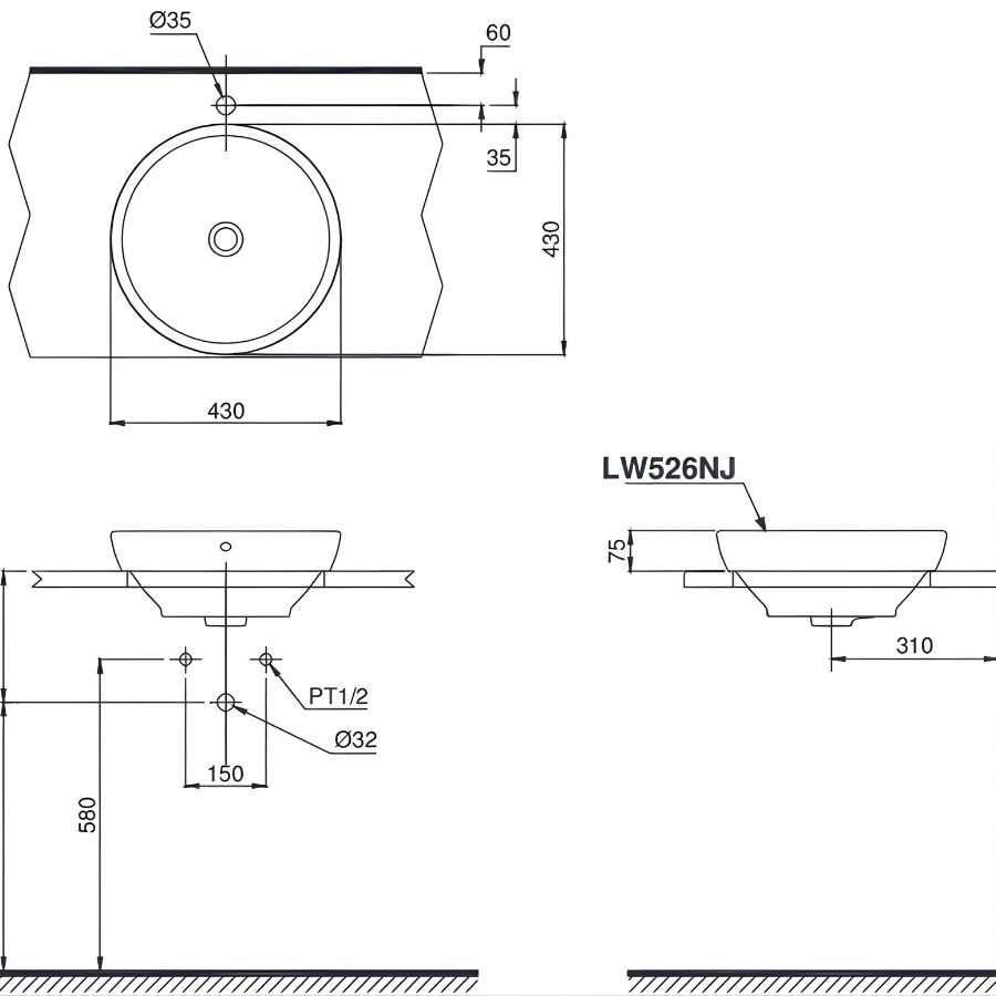 bản vẽ kỹ thuật chậu đặt bàn toto lw526nju