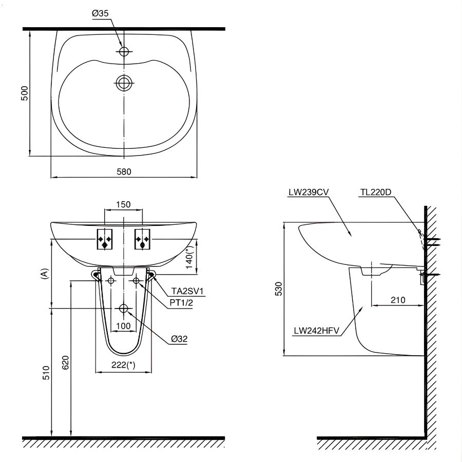 bản vẽ chậu rửa treo tường toto lht239cr
