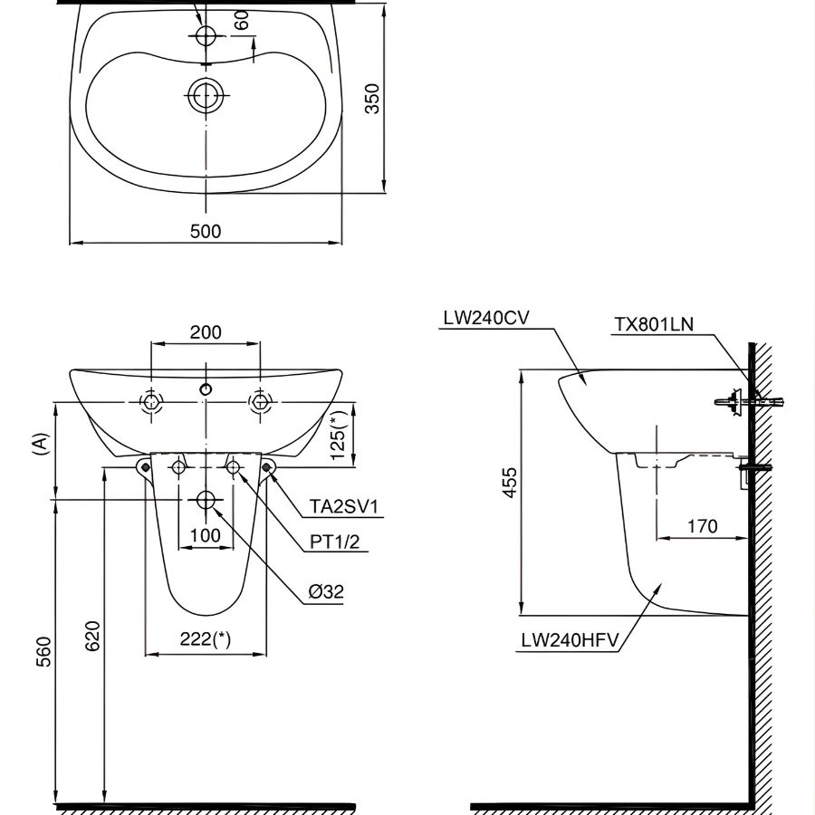 bản vẽ kỹ thuật chậu rửa treo tường toto lht240cs
