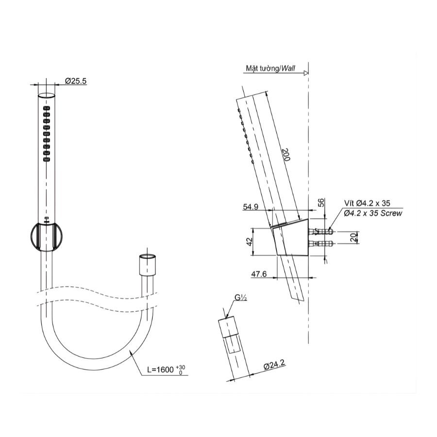 bản vẽ kích thước sen cầm tay toto tbw02017a