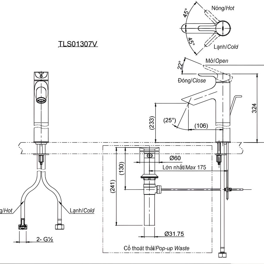 bản vẽ vòi chậu nóng lạnh lavabo toto tls01307v