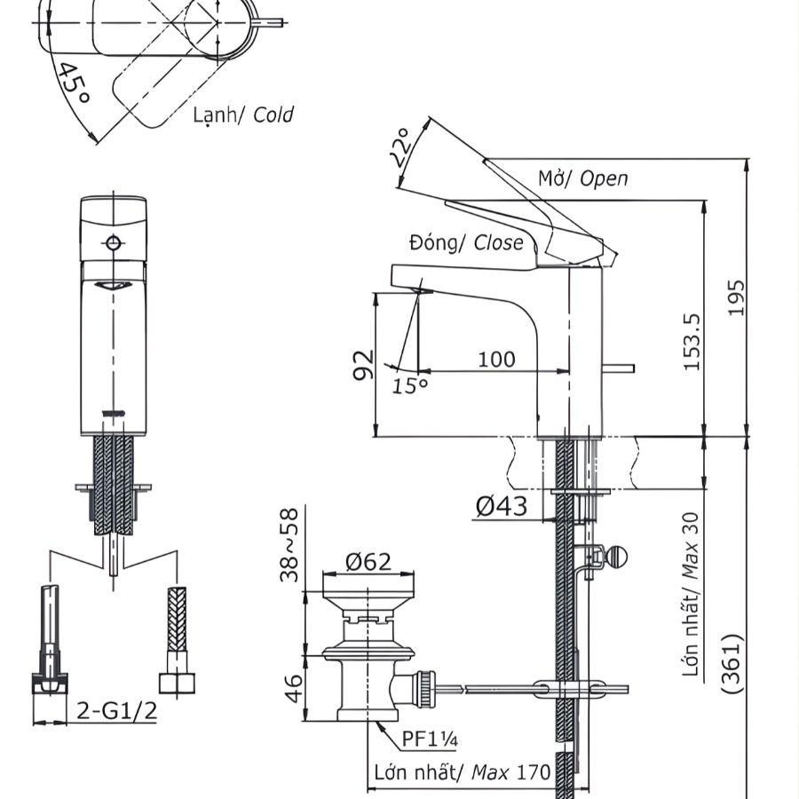 bản vẽ kỹ thuật vòi chậu lavabo toto ttlr302f-1nr