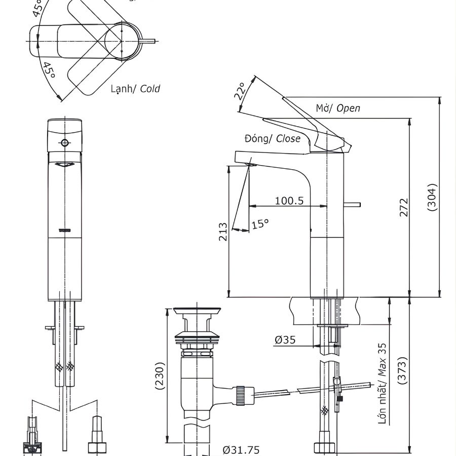 bản vẽ vòi chậu nóng lạnh lavabo toto ttlr302fv-1r