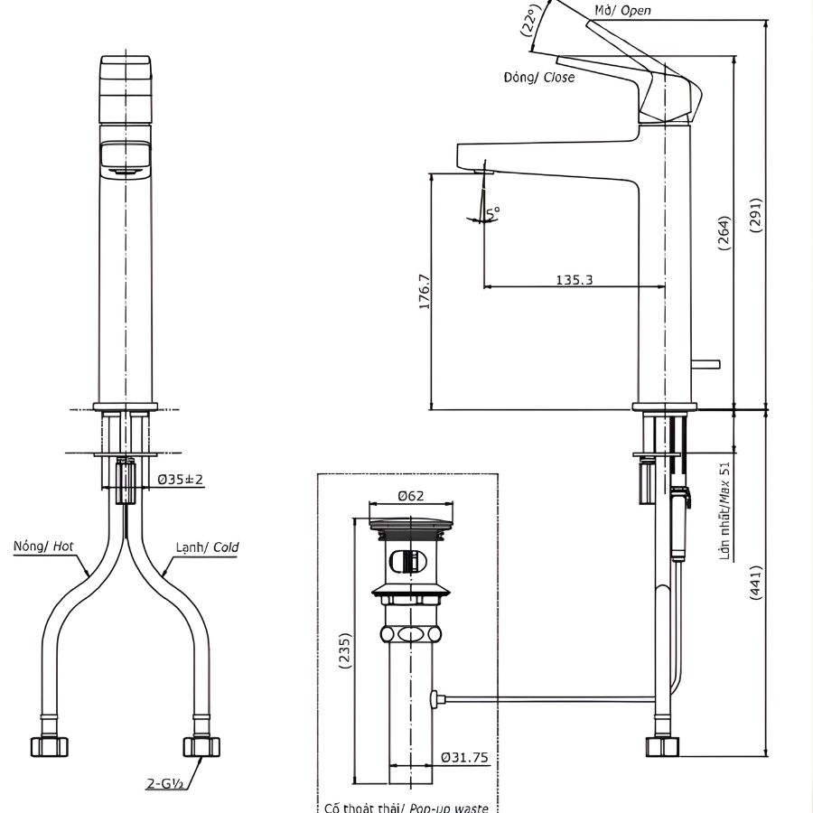 bản vẽ kỹ thuật vòi chậu toto nóng lạnh tlg10303v