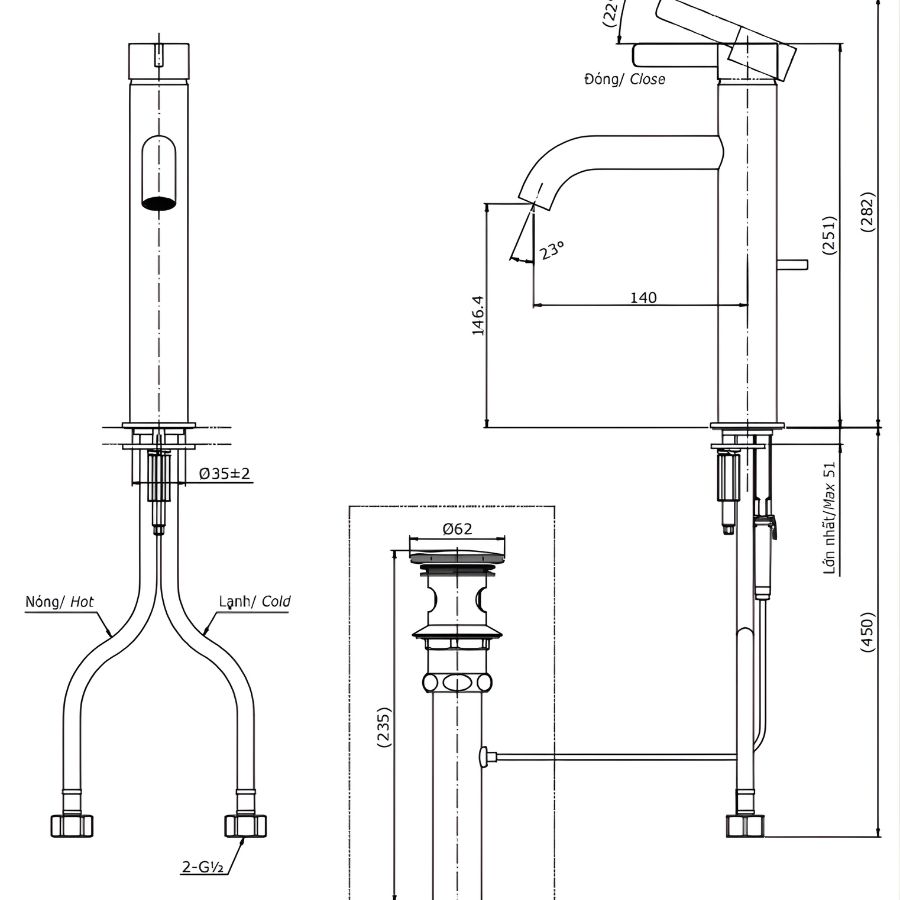 bản vẽ kích thước vòi chậu nóng lạnh lavabo tlg11303v