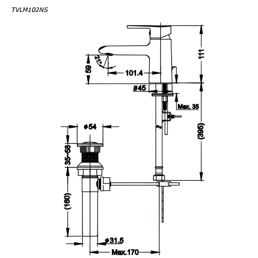 bản vẽ kỹ thuật vòi chậu lavabo toto nóng lạnh tvlm102nsr