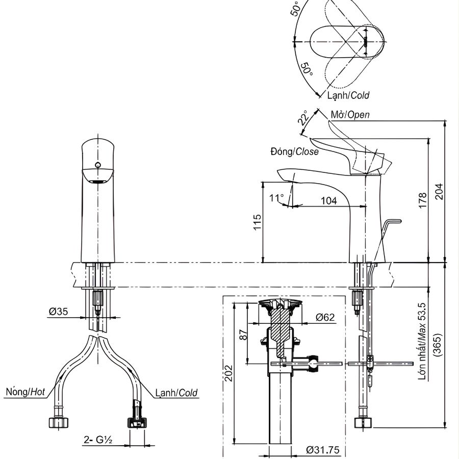 bản vẽ kỹ thuật vòi chậu lavabo nóng lạnh toto tlg01301v