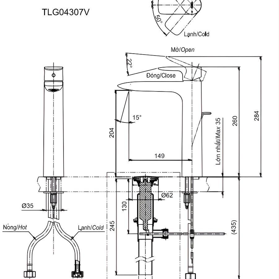 bản vẽ kỹ thuật vòi chậu lavabo nóng lạnh toto tlg04307v