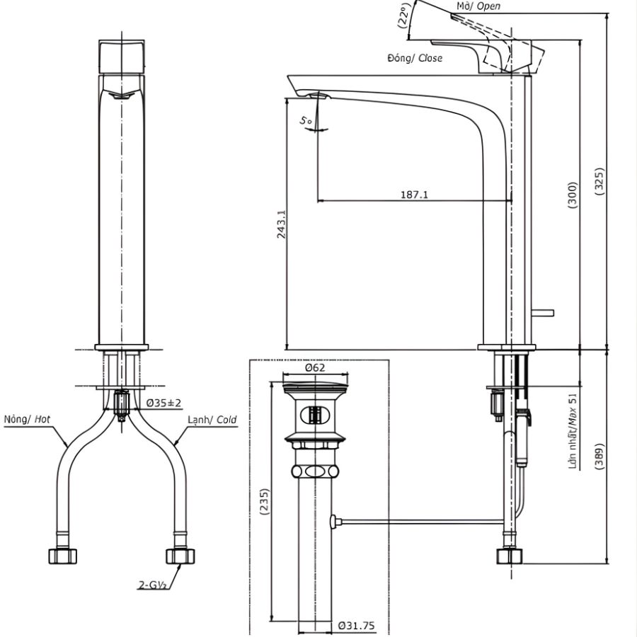 bản vẽ kỹ thuật vòi chậu nóng lạnh toto tlg07305v