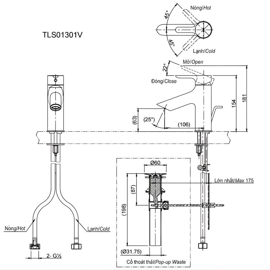 bản vẽ kỹ thuật vòi chậu nóng lạnh toto tls01301v