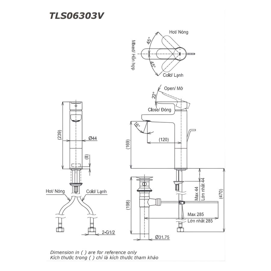 bản vẽ kỹ thuật vòi chậu lavabo toto nóng lạnh tls06303v