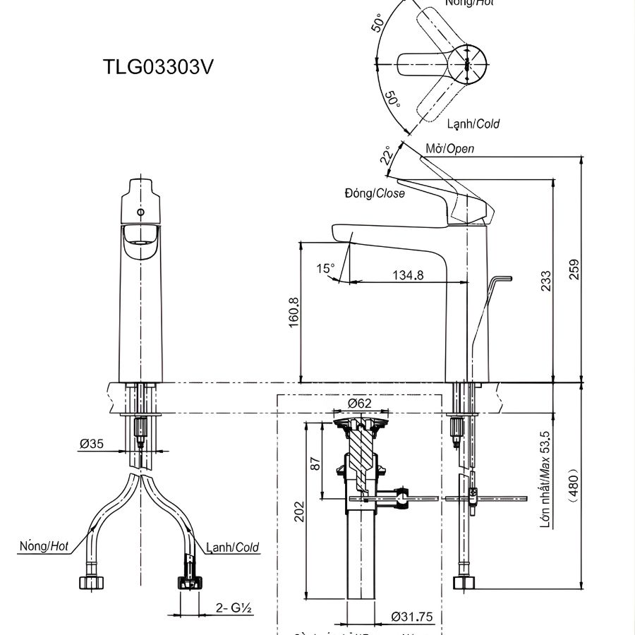 bản vẽ kỹ thuật vòi chậu nóng lạnh lavabo toto tlg03303v