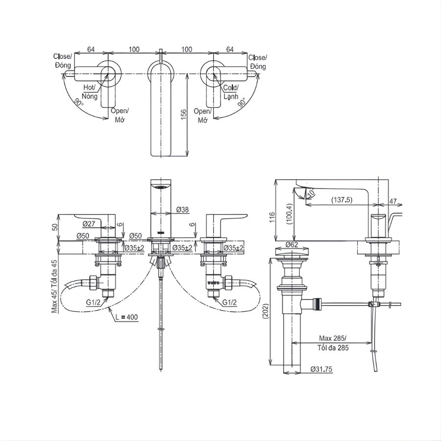bản vẽ kỹ thuât vòi xả bồn toto tbg13201a