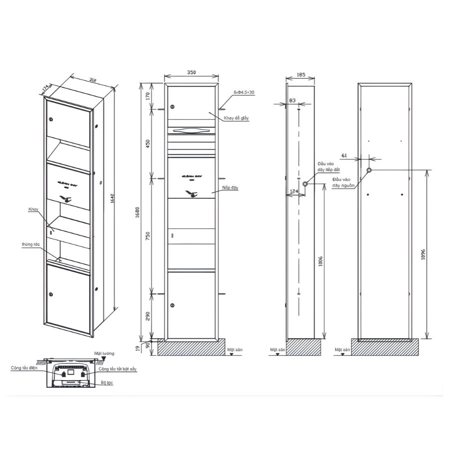 bản vẽ kích máy sấy tay âm tường toto tyc602p