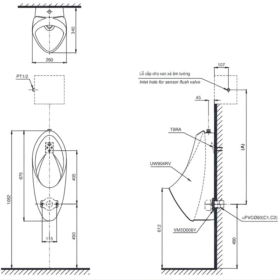 bản vẽ kỹ thuật tiểu nam treo tường toto