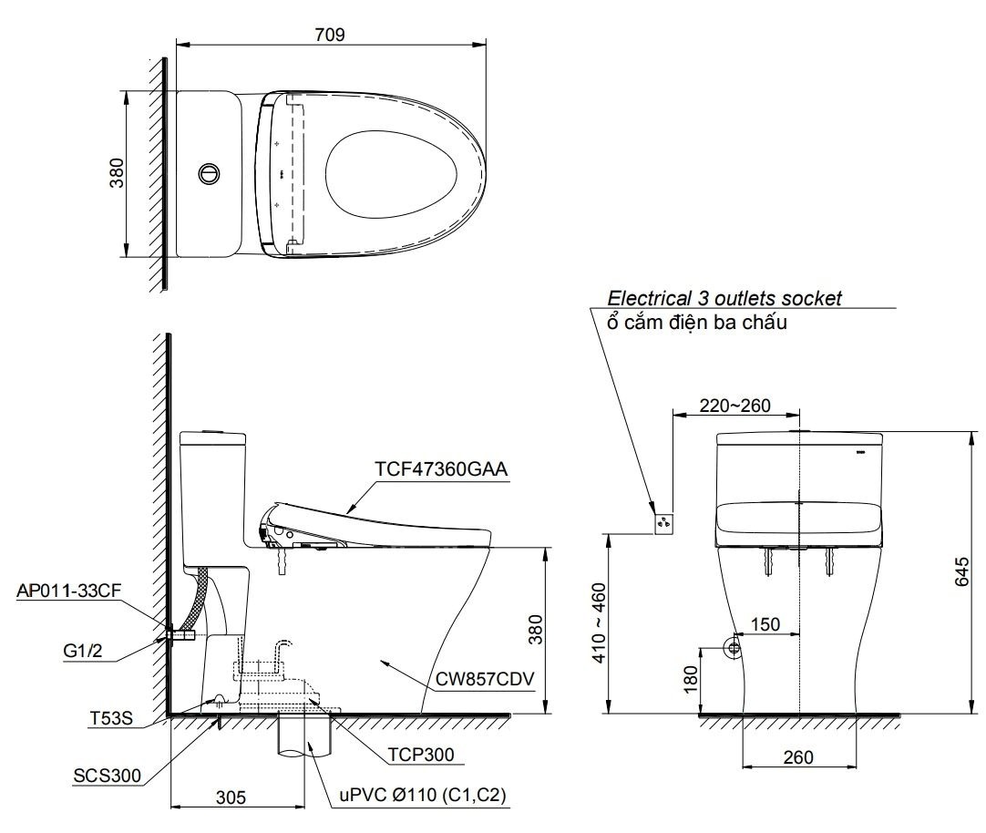 Bồn Cầu Điện Tử 1 Khối TOTO MS857CDW23 Nắp Rửa Washlet TCF47360GAA S7