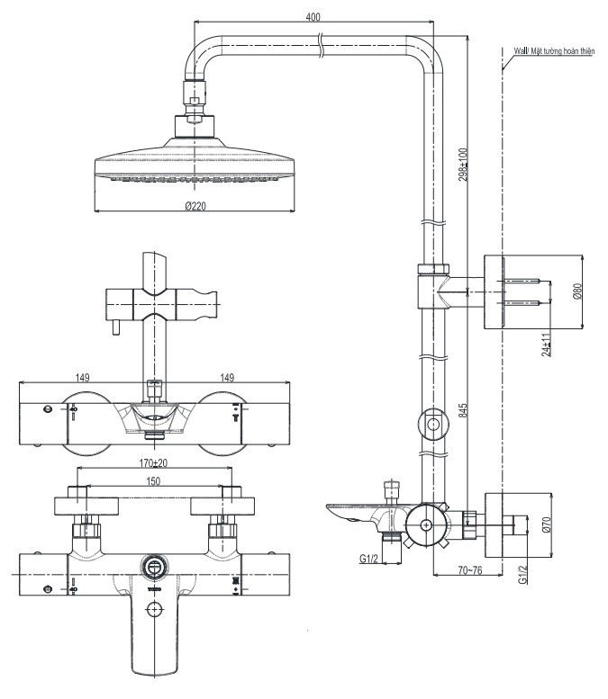 Thân Sen Cây Tắm Đứng TOTO TBW01401AA Bát Sen Tròn