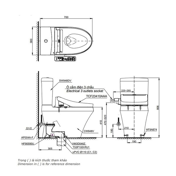 Bồn Cầu Điện Tử 2 Khối TOTO CS948DW16#XW Nắp Rửa Washlet C2 - TCF23410AAA