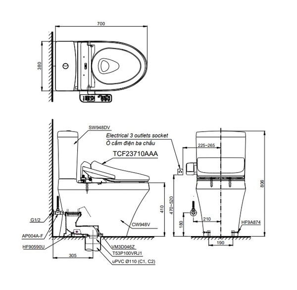 Bồn Cầu Điện Tử 2 Khối TOTO CS948DW18#XW Nắp Rửa Washlet C2 - TCF23710AAA