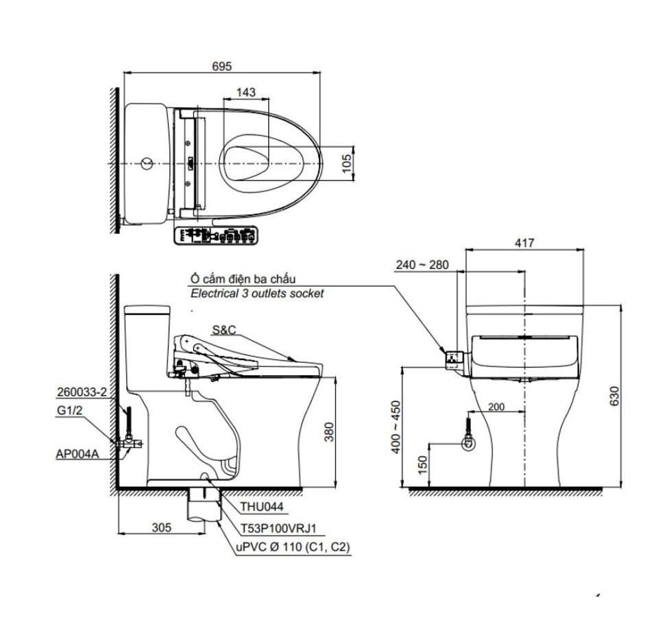 Bồn Cầu Điện Tử 1 Khối TOTO MS855DW16#XWNắp Rửa Washlet C2 - TCF23410AAA