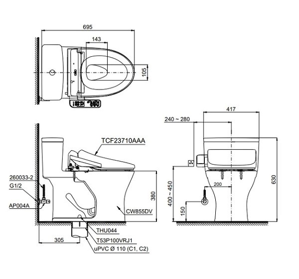 Bồn Cầu Điện Tử 1 Khối TOTO MS855DW18#XW Nắp Rửa Washlet  C2 TCF23710AAA