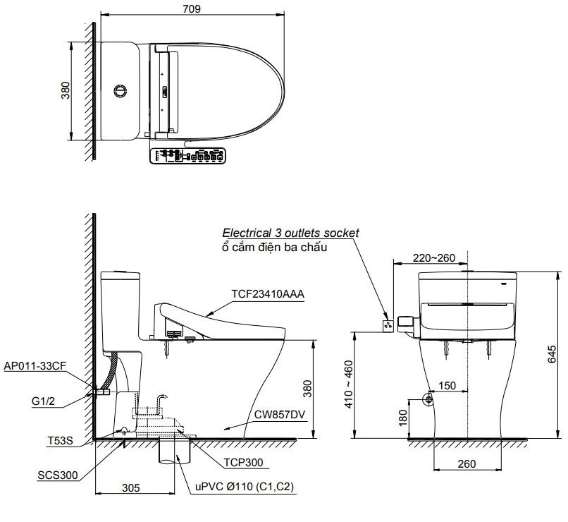 Bồn Cầu Điện Tử 1 Khối TOTO MS857DW16#XW Nắp Rửa Washlet C2 - TCF23410AAA