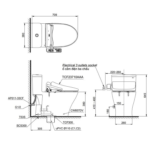 Bồn Cầu Điện Tử 1 Khối TOTO MS857DW18#XW Nắp Rửa Washlet C2 - TCF23710AAA
