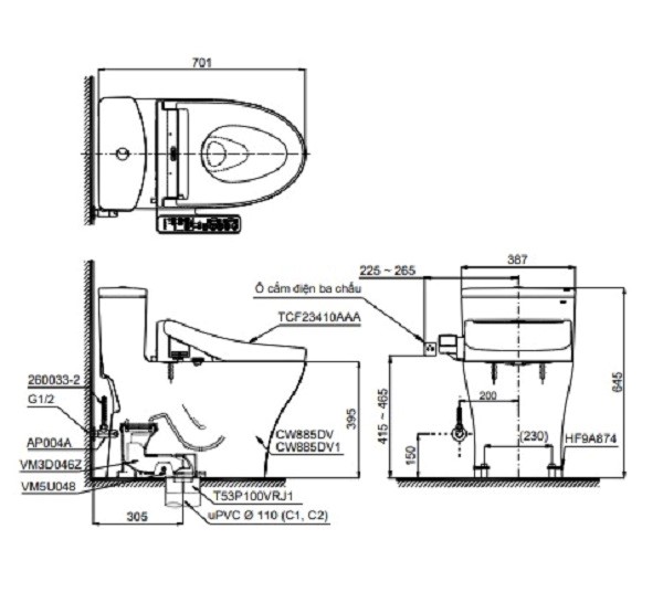 Bồn Cầu Điện Tử 1 Khối TOTO MS885DW16#XW Nắp Rửa Washlet C2 - TCF23410AAA
