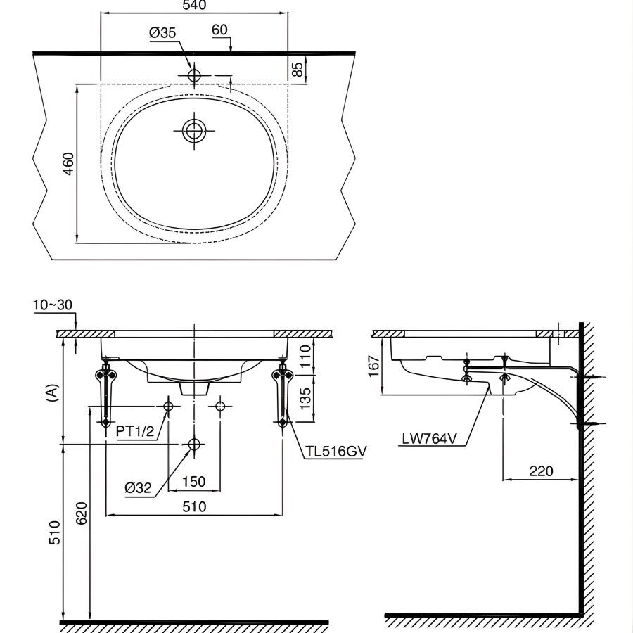 Chậu rửa Lavabo bán âm bàn Toto LT764
