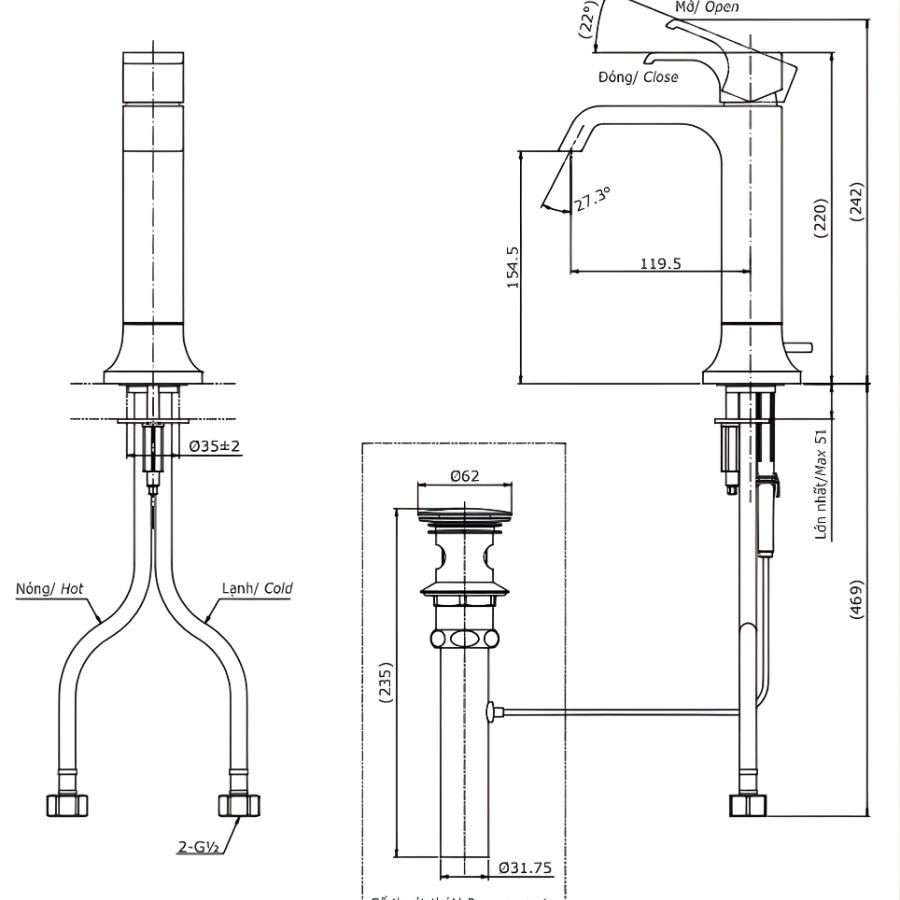 Vòi lavabo nóng lạnh TOTO TLG08303V