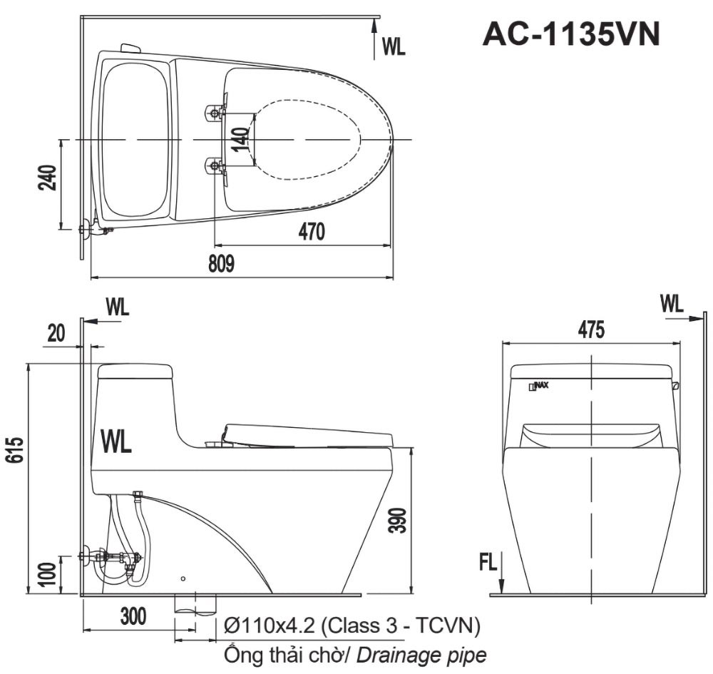 Bồn Cầu 1 Khối INAX AC-1135VN Xả Gạt