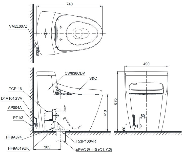 Bồn Cầu TOTO MS636DT2 1 Khối Nắp TC393VS