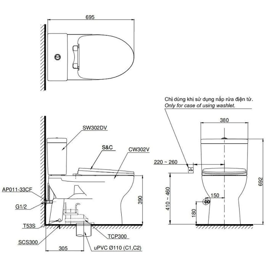 Bồn Cầu TOTO 2 Khối CS302DT10 Nắp Êm TC395VS