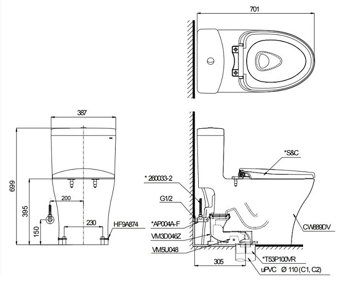 Bồn Cầu TOTO MS889DRT2 (MS889DT2) Một Khối Nắp TC393VS