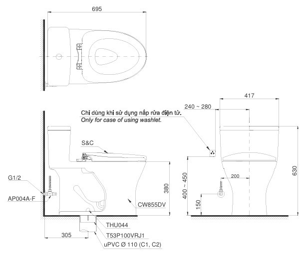 Bồn Cầu TOTO MS855DT8 Một Khối Nắp TC600VS