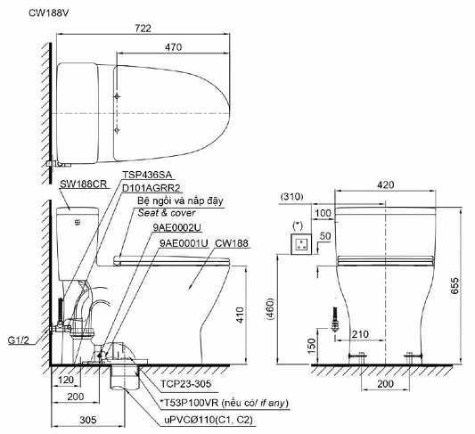 Bồn Cầu TOTO MS188VKT2/T53P100VR Một Khối Nắp TC393VS