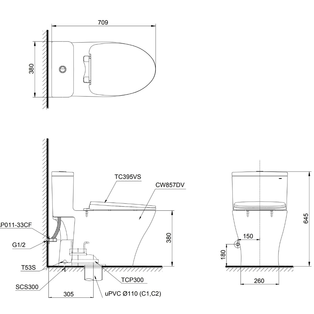 Bồn Cầu TOTO MS857DT10 1 Khối Nắp TC395VS
