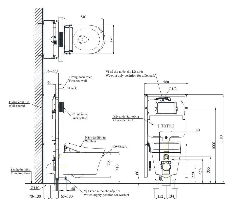 Bồn Cầu TOTO CW553C#XW/TCF34570GAA Treo Tường Giấu Dây Nắp Rửa Điện Tử