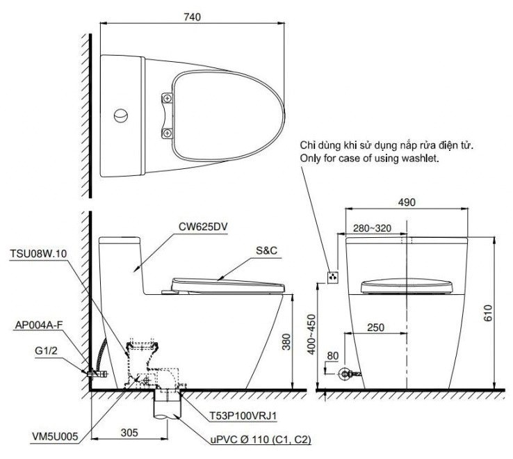 Bồn Cầu TOTO MS625DE4 1 Khối Nắp Rửa Cơ TCW1211A