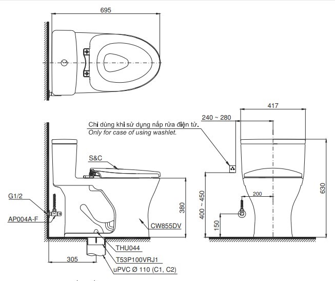 Bồn Cầu TOTO MS855DE4 Một Khối Nắp Rửa Cơ TCW1211A