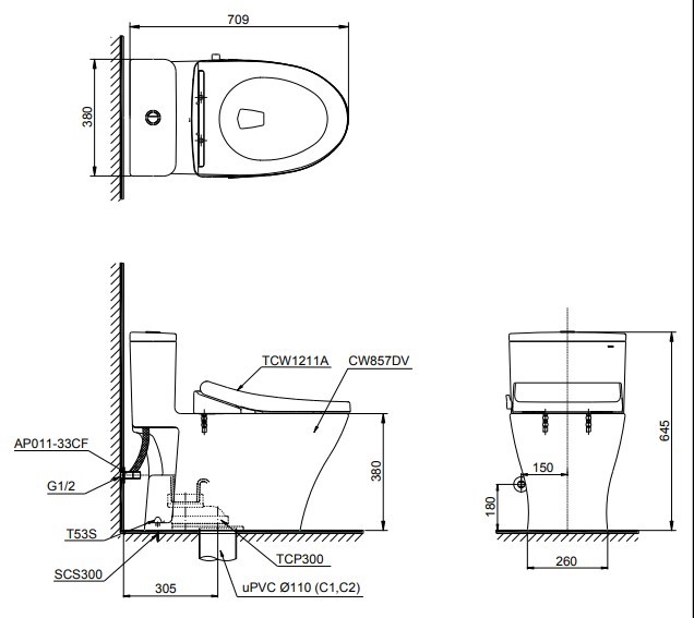 Bồn Cầu TOTO MS857DE4 Một Khối Nắp Rửa Cơ TCW1211A