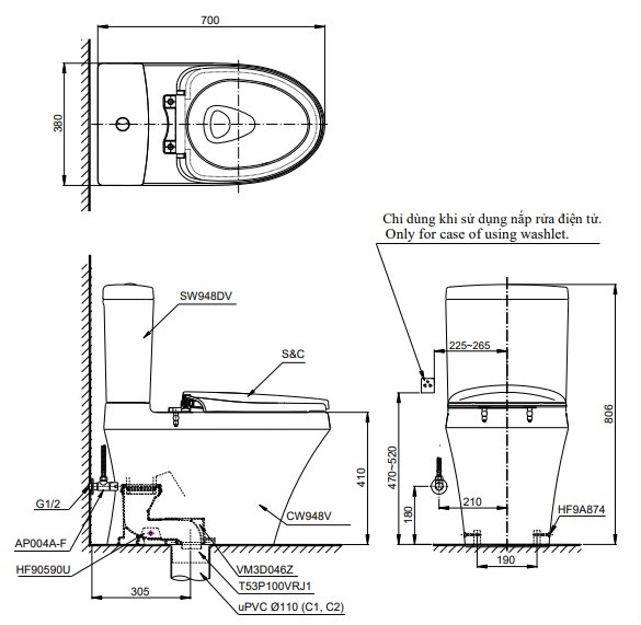 Bồn Cầu TOTO CS948DE4 Hai Khối Nắp Rửa Cơ TCW1211A