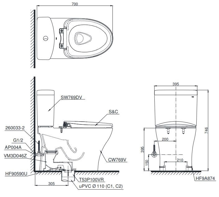Bồn Cầu TOTO CS769DRE4 Hai Khối Nắp Rửa Cơ TCW1211A