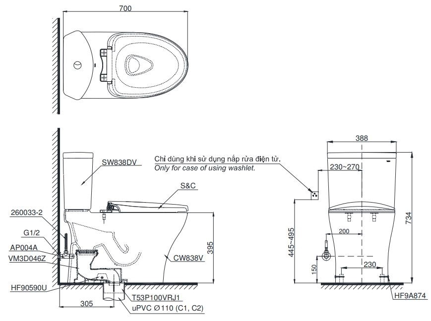 Bồn Cầu TOTO CS838DE2 Hai Khối Nắp Rửa Cơ TCW07S